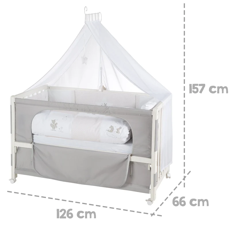 Room Bed "Fox & Bunny" – 60 x 120 cm, höhenverstellbar, Beistellbett zum Elternbett mit kompletter Ausstattung