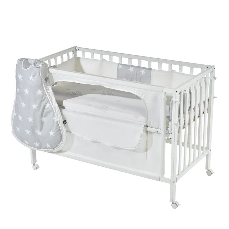 Room Bed "safe asleep® " – 60 x 120 cm, Beistellbett inkl. Ausstattung, "Sterne grau" weiß lackiert