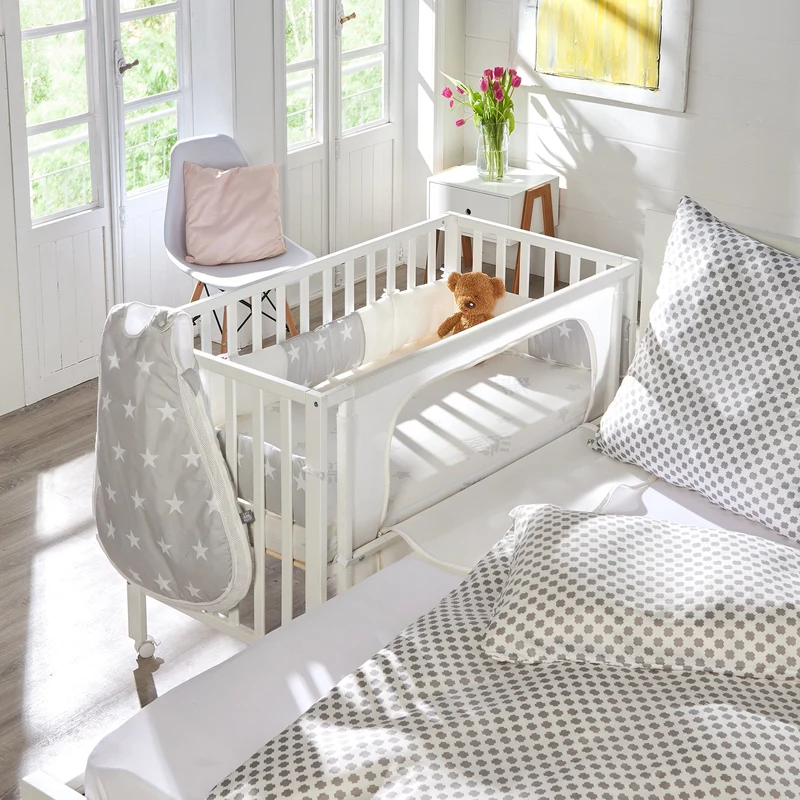 Room Bed "safe asleep® " – 60 x 120 cm, Beistellbett inkl. Ausstattung, "Sterne grau" weiß lackiert