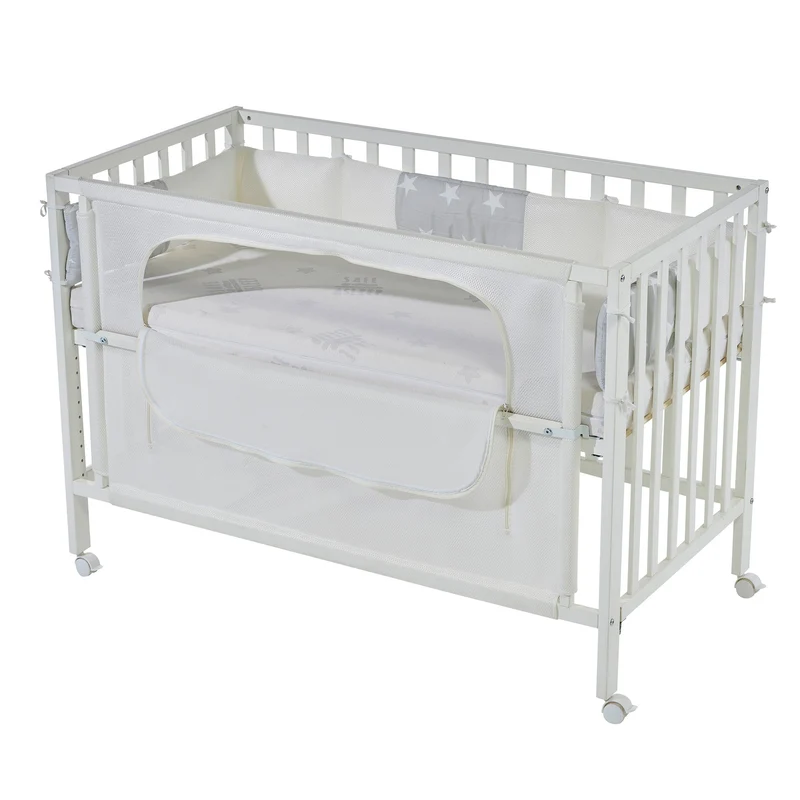 Room Bed "safe asleep® " – 60 x 120 cm, Beistellbett inkl. Ausstattung, "Sterne grau" weiß lackiert