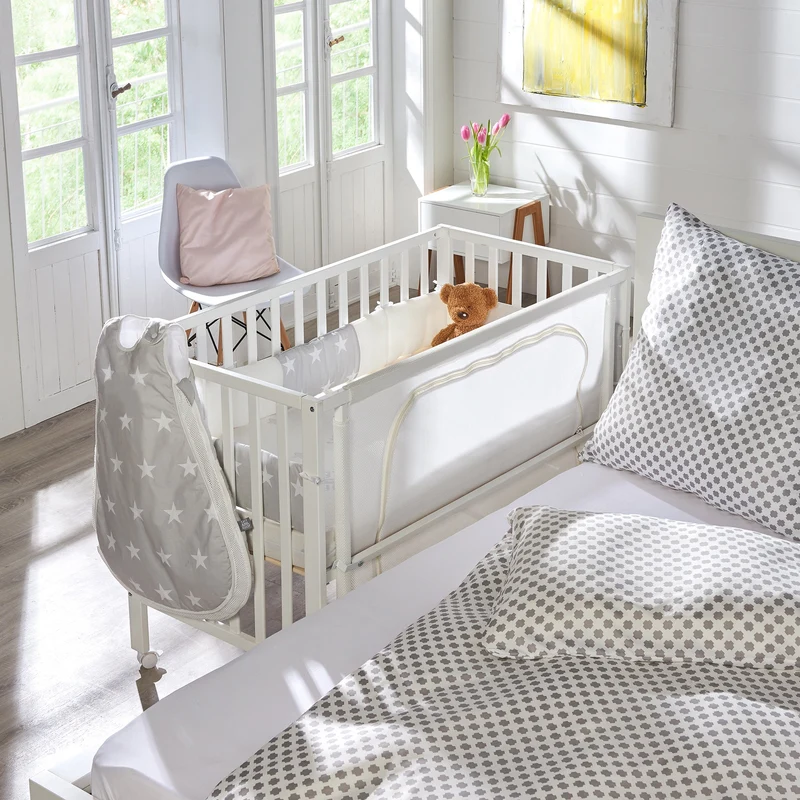 Room Bed "safe asleep® " – 60 x 120 cm, Beistellbett inkl. Ausstattung, "Sterne grau" weiß lackiert
