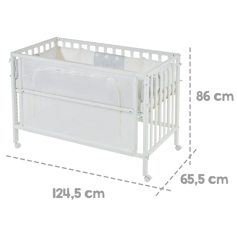 Room Bed "safe asleep® " – 60 x 120 cm, Beistellbett inkl. Ausstattung, "Sterne grau" weiß lackiert