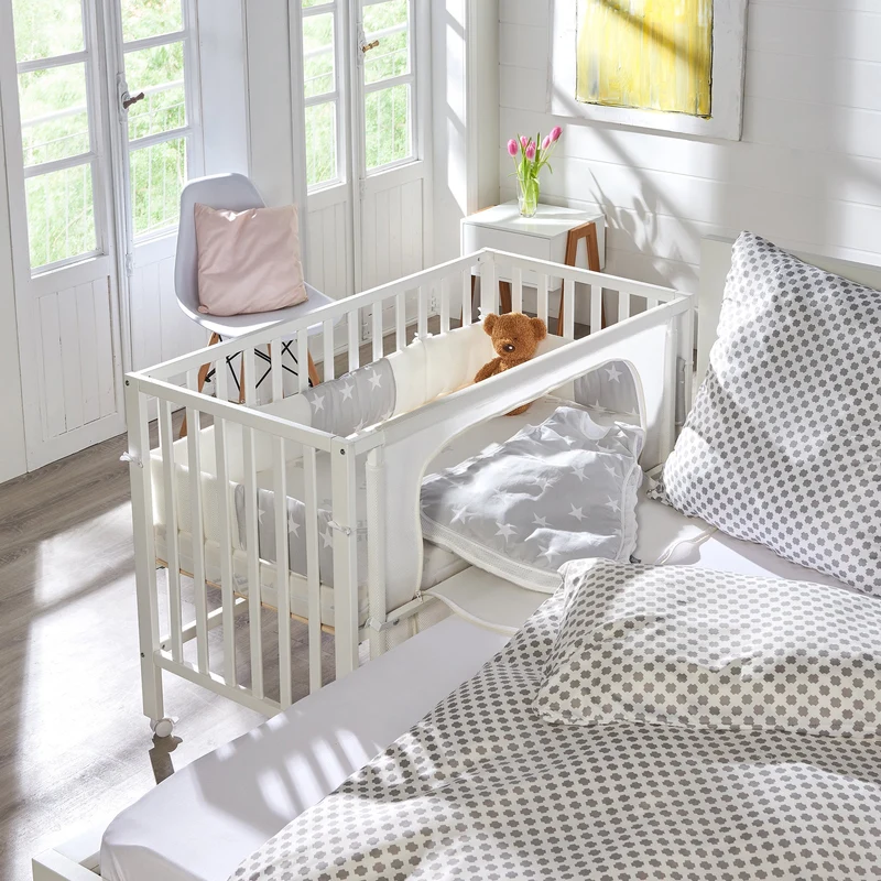 Room Bed "safe asleep® " – 60 x 120 cm, Beistellbett inkl. Ausstattung, "Sterne grau" weiß lackiert