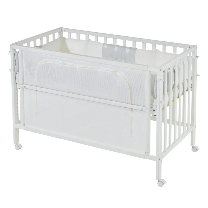 Room Bed "safe asleep® " – 60 x 120 cm, Beistellbett inkl. Ausstattung, "Sterne grau" weiß lackiert