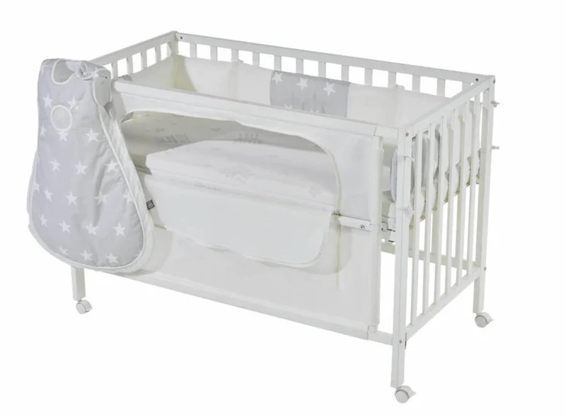 Room Bed "safe asleep® " – 60 x 120 cm, Beistellbett inkl. Ausstattung, "Sterne grau" weiß lackiert