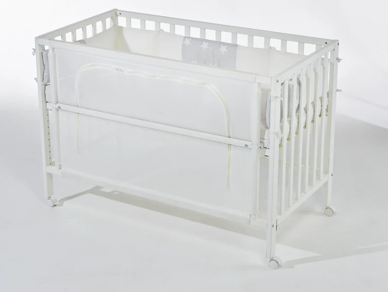 Room Bed "safe asleep® " – 60 x 120 cm, Beistellbett inkl. Ausstattung, "Sterne grau" weiß lackiert