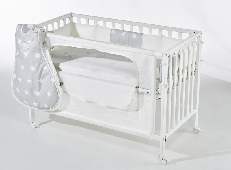 Room Bed "safe asleep® " – 60 x 120 cm, Beistellbett inkl. Ausstattung, "Sterne grau" weiß lackiert