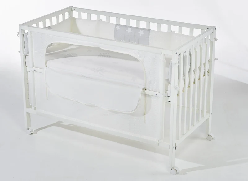 Room Bed "safe asleep® " – 60 x 120 cm, Beistellbett inkl. Ausstattung, "Sterne grau" weiß lackiert