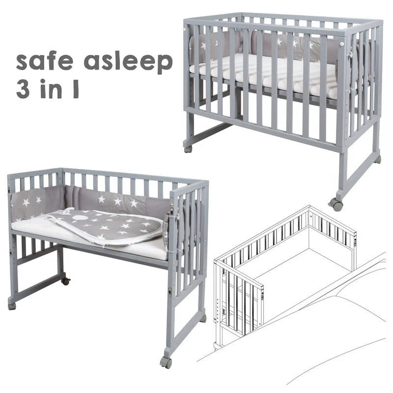 Stubenbett "safe asleep®" – 3 in 1, "Little Stars", Beistellbett grau, Babybett & Bank, mit Zubehör