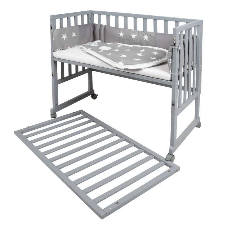 Stubenbett "safe asleep®" – 3 in 1, "Little Stars", Beistellbett grau, Babybett & Bank, mit Zubehör