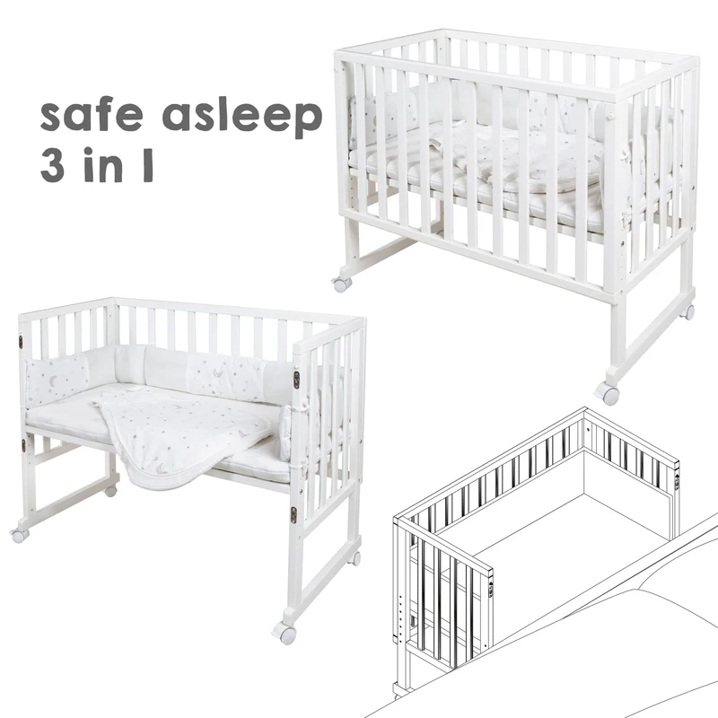 Stubenbett "safe asleep®" – 3 in 1, "Sternenzauber", Beistellbett weiß, Babybett & Bank, inkl. Zubehör