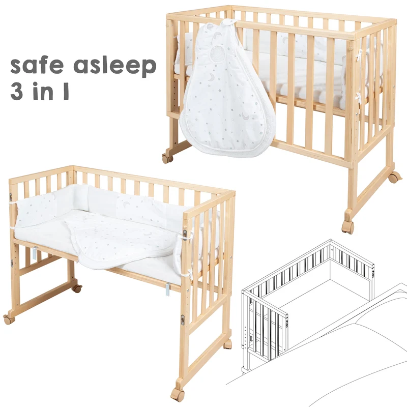 Stubenbett "safe asleep®" – 3 in 1, Beistellbett, Babybett & Bank, natur, inkl. Zubehör
