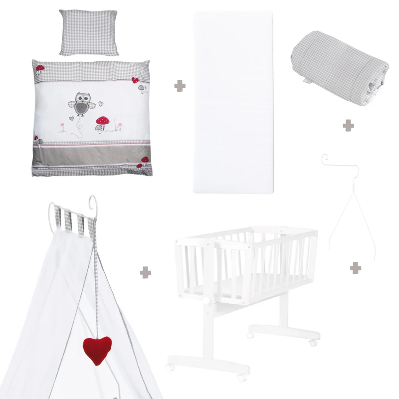 Komplettwiegenset "Adam & Eule" – 40 x 90 cm, weiß, mit Feststellfunktion, inkl. Ausstattung
