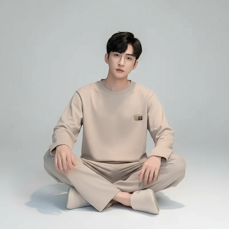 Koreanischer Herren-Pyjama im Karomuster, bestehend aus langärmeligem Oberteil und Hose.