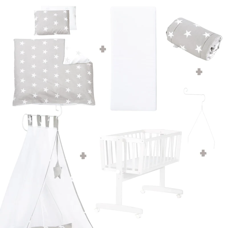 Komplettwiegenset "Little Stars" – 40 x 90 cm, weiß, Feststellfunktion, inkl. Zubehör