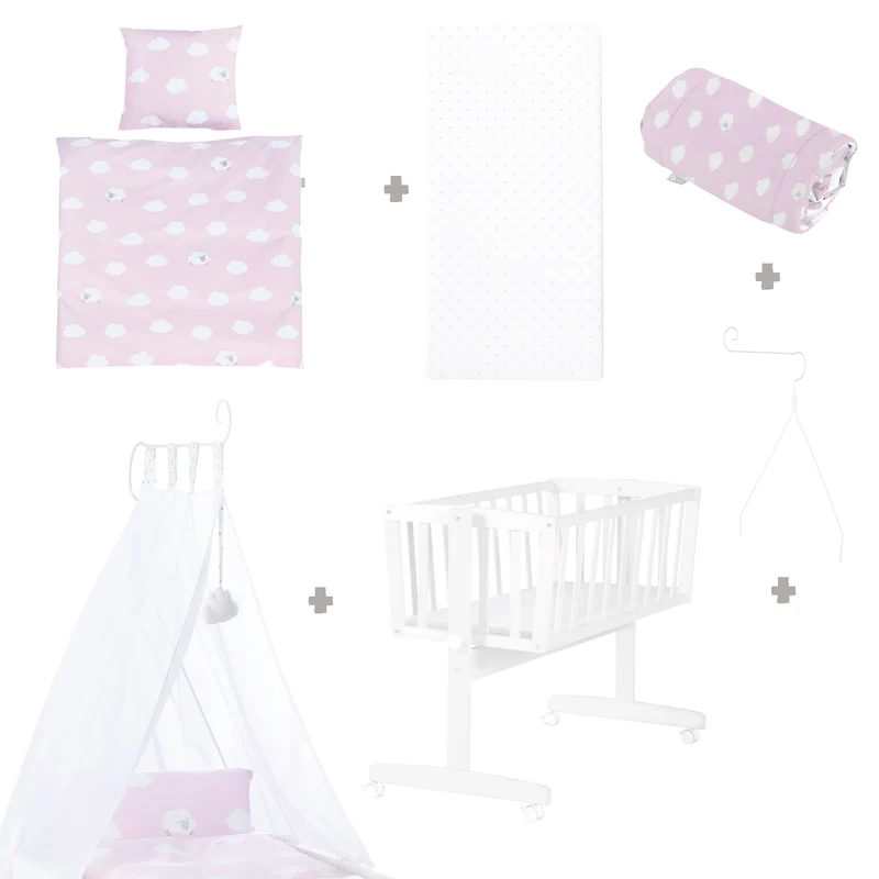 Komplettwiegenset "Kleine Wolke rosa" – 40 x 90 cm, weiß, mit Feststellfunktion, inkl. Ausstattung