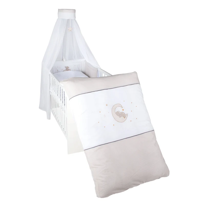 Kinderbettgarnitur "Happyfant" – 4-teilig, Bettset mit Bettwäsche 100 x 135 cm, Nestchen & Himmel