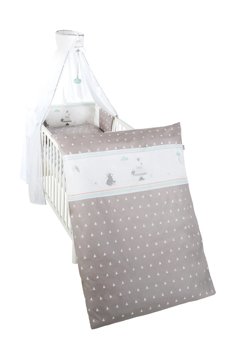 Kinderbettgarnitur "Indibär" – 4-teilig, Bettwäsche 100 x 135 cm (Decke & Kissen), Nestchen & Himmel