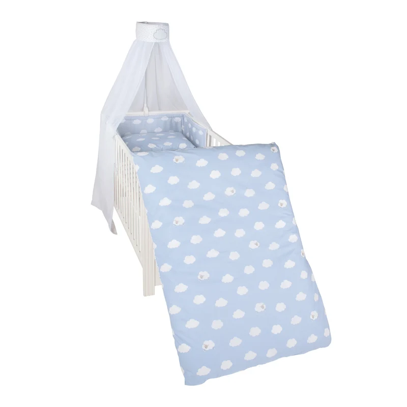 Kinderbettgarnitur "Kleine Wolke blau" – 4-teilig, Set mit Bettwäsche 100 x 135 cm, Nestchen & Himmel