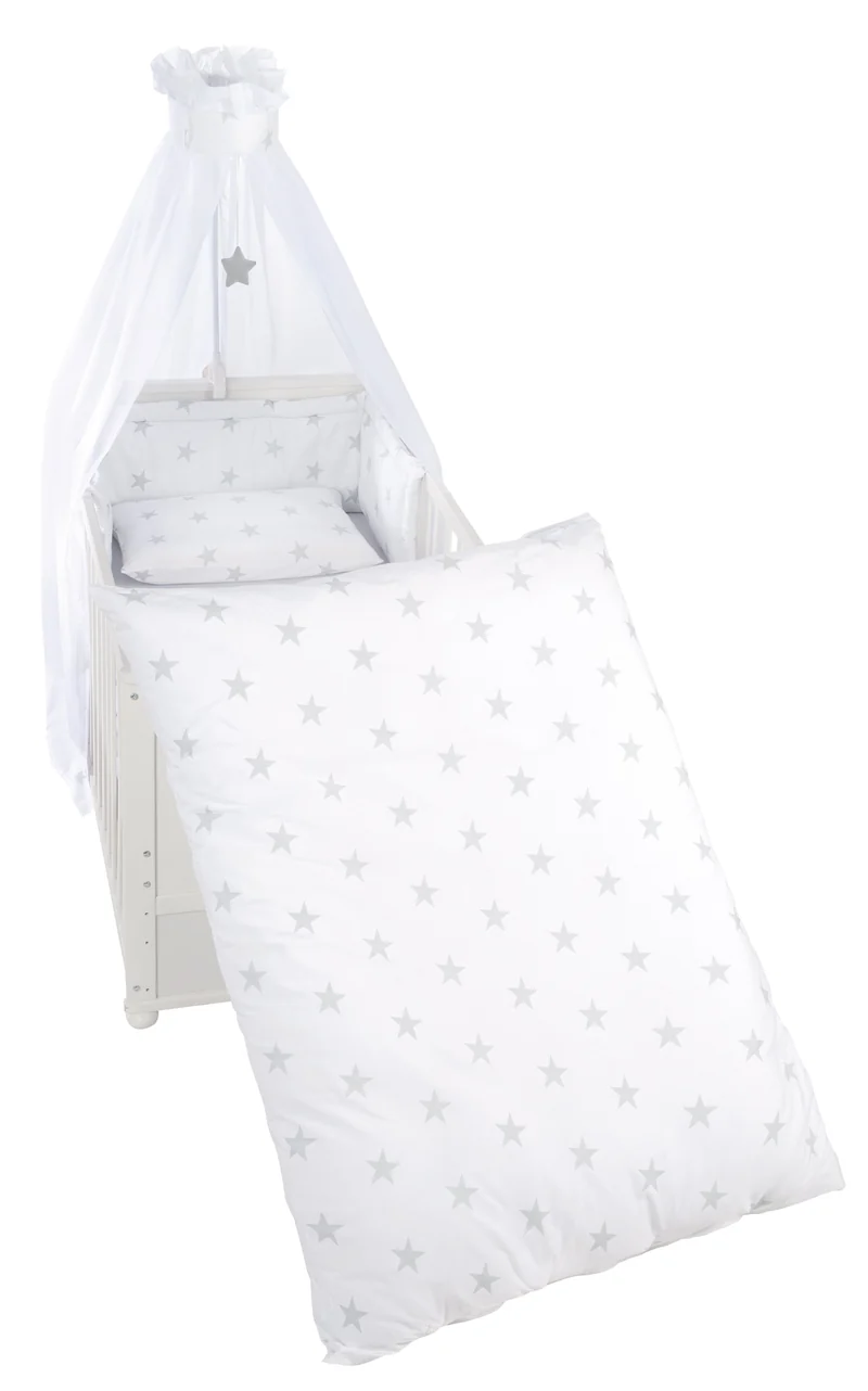 Kinderbettgarnitur "Little Stars" – 4-teilig, Bettset mit Bettwäsche 100 x 135 cm, Nestchen & Himmel
