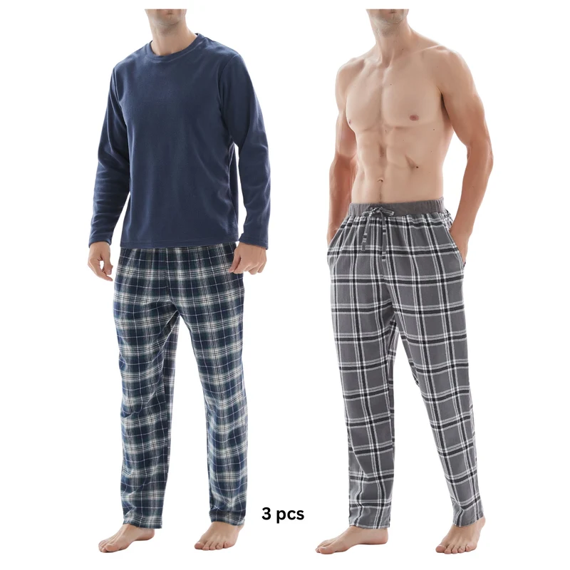 3-teiliger Herren-Pyjama mit langärmeligem Polyester-Oberteil und karierter Baumwollhose