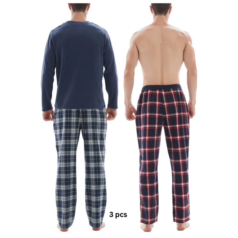 3-teiliger Herren-Pyjama mit langärmeligem Polyester-Oberteil und karierter Baumwollhose