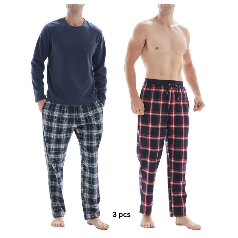 3-teiliger Herren-Pyjama mit langärmeligem Polyester-Oberteil und karierter Baumwollhose