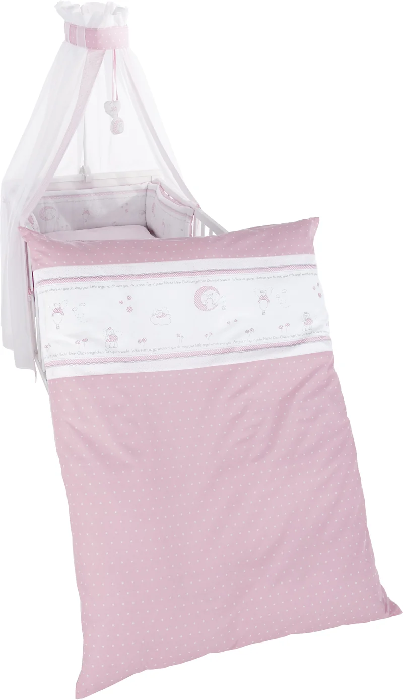Kinderbettgarnitur "Glücksengel rosa" – 4-teilig, Set mit Bettwäsche 100 x 135 cm, Nestchen & Himmel
