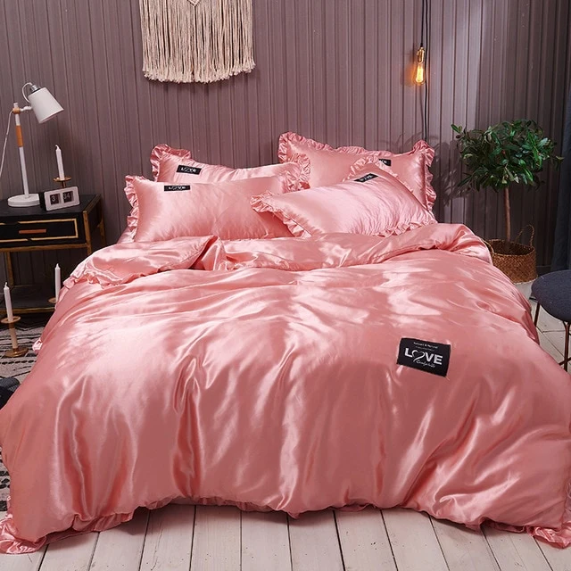 Pure Satin Silk Bedding Set Lace Luxury Duvet Cover Set Single Double Queen King Size 240x220 Couple Quilt Covers White Gray Red