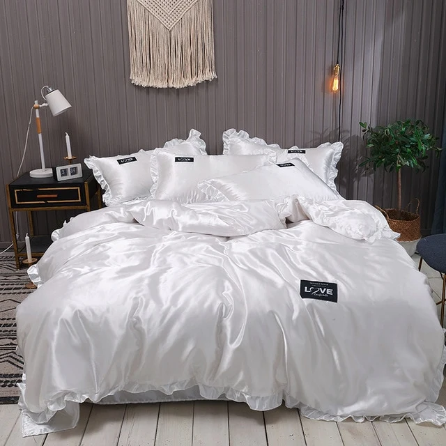 Pure Satin Silk Bedding Set Lace Luxury Duvet Cover Set Single Double Queen King Size 240x220 Couple Quilt Covers White Gray Red