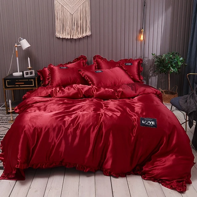 Pure Satin Silk Bedding Set Lace Luxury Duvet Cover Set Single Double Queen King Size 240x220 Couple Quilt Covers White Gray Red