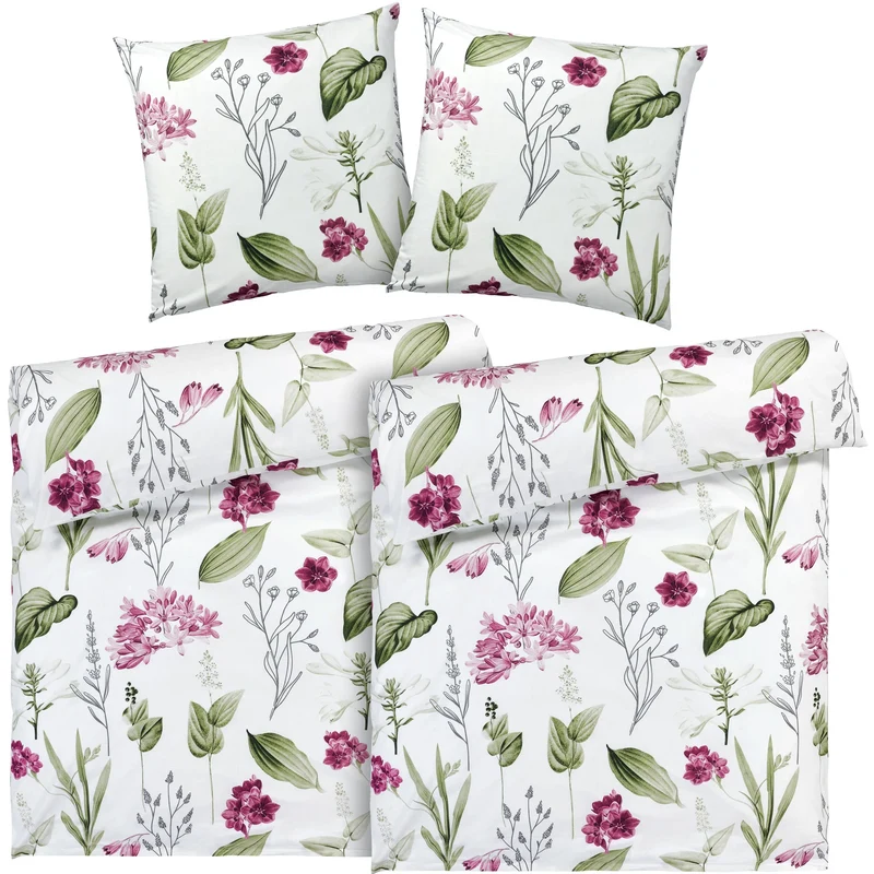 Renforcé Bettwäsche "Blumen" - Weiß - 2x155x220 + 2x 80x80 cm
