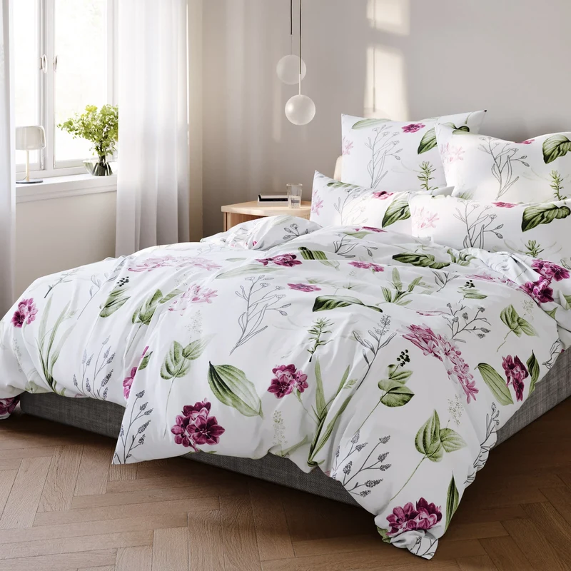Renforcé Bettwäsche "Blumen" - Weiß - 2x135x200 + 2x 40x80 cm