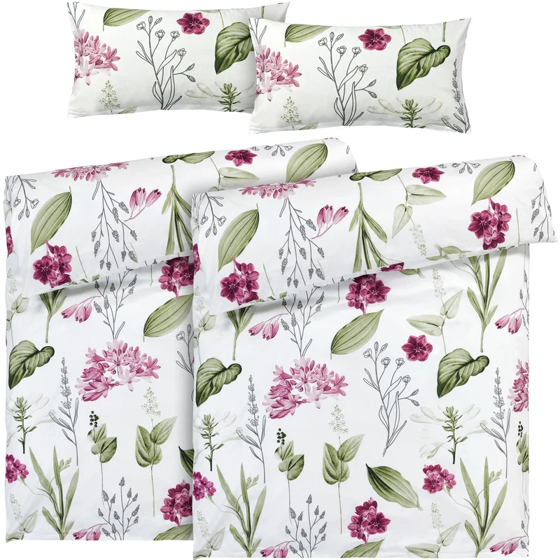 Renforcé Bettwäsche "Blumen" - Weiß - 2x135x200 + 2x 40x80 cm