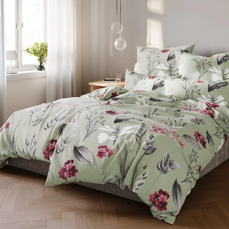 Renforcé Bettwäsche "Blumen" - Salbeigrün - 155x220 + 80x80 cm