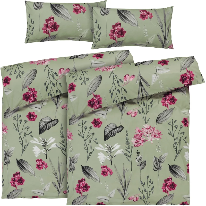 Renforcé Bettwäsche "Blumen" - Salbeigrün - 2x155x220 + 2x 40x80 cm