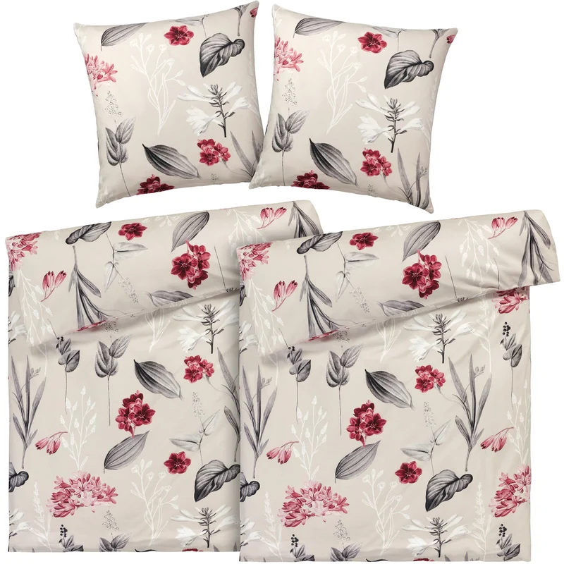 Renforcé Bettwäsche "Blumen" - Beige - 2x135x200 + 2x 80x80 cm