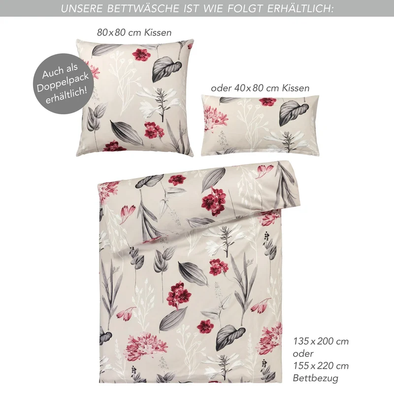 Renforcé Bettwäsche "Blumen" - Beige - 2x135x200 + 2x 80x80 cm