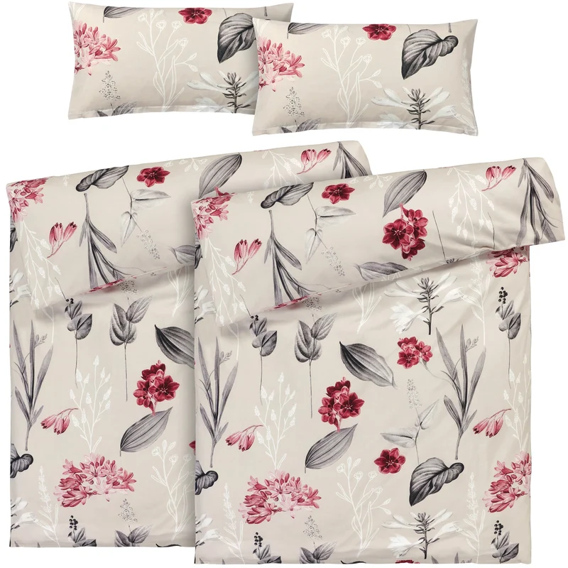 Renforcé Bettwäsche "Blumen" - Beige - 2x135x200 + 2x 40x80 cm