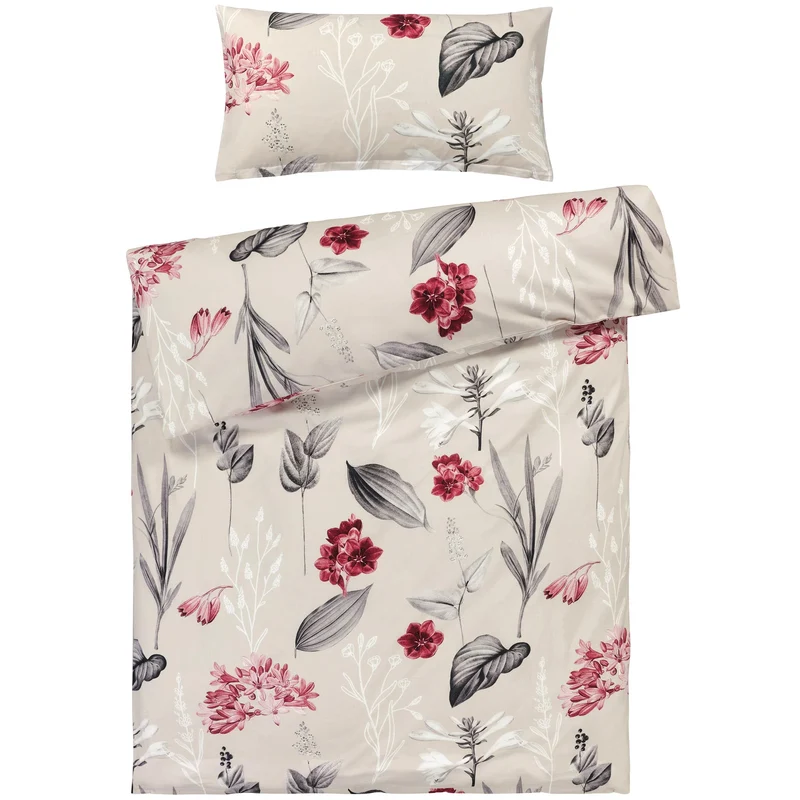 Renforcé Bettwäsche "Blumen" - Beige - 155x220 + 40x80 cm
