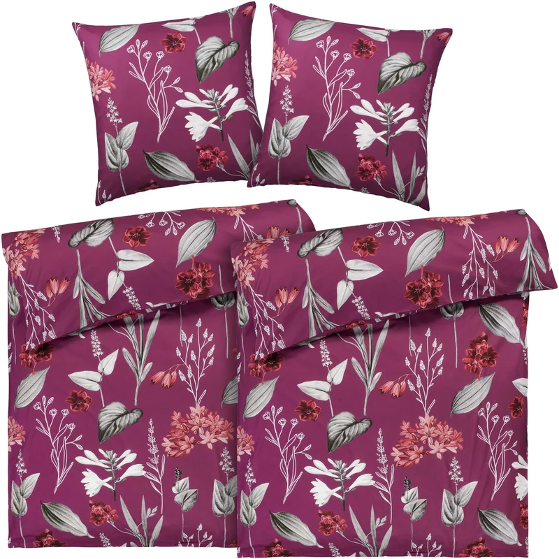 Renforcé Bettwäsche "Blumen" - Beere - 155x220 + 80x80 cm