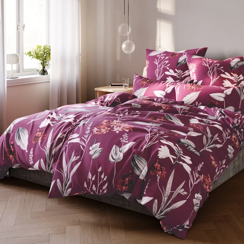 Renforcé Bettwäsche "Blumen" - Beere - 155x220 + 80x80 cm