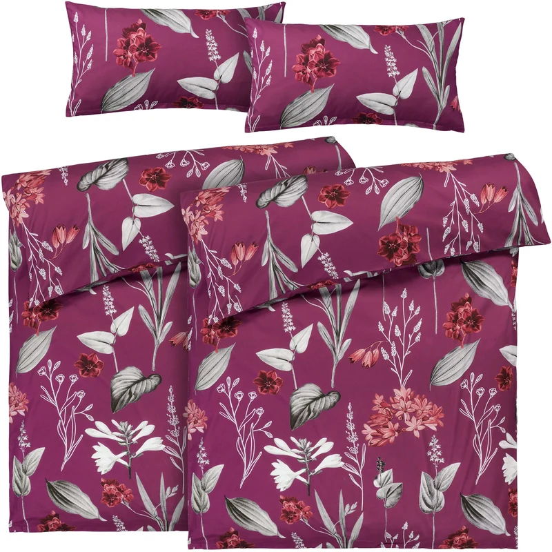 Renforcé Bettwäsche "Blumen" - Beere - 2x135x200 + 2x 40x80 cm