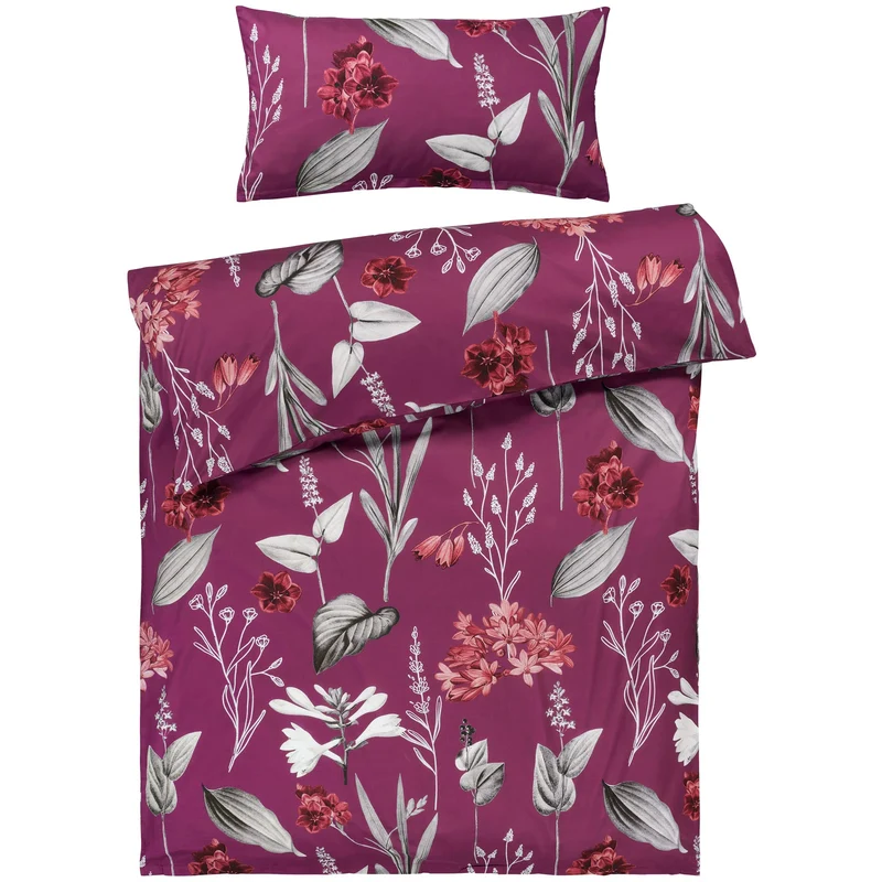 Renforcé Bettwäsche "Blumen" - Beere - 135x200 + 40x80 cm