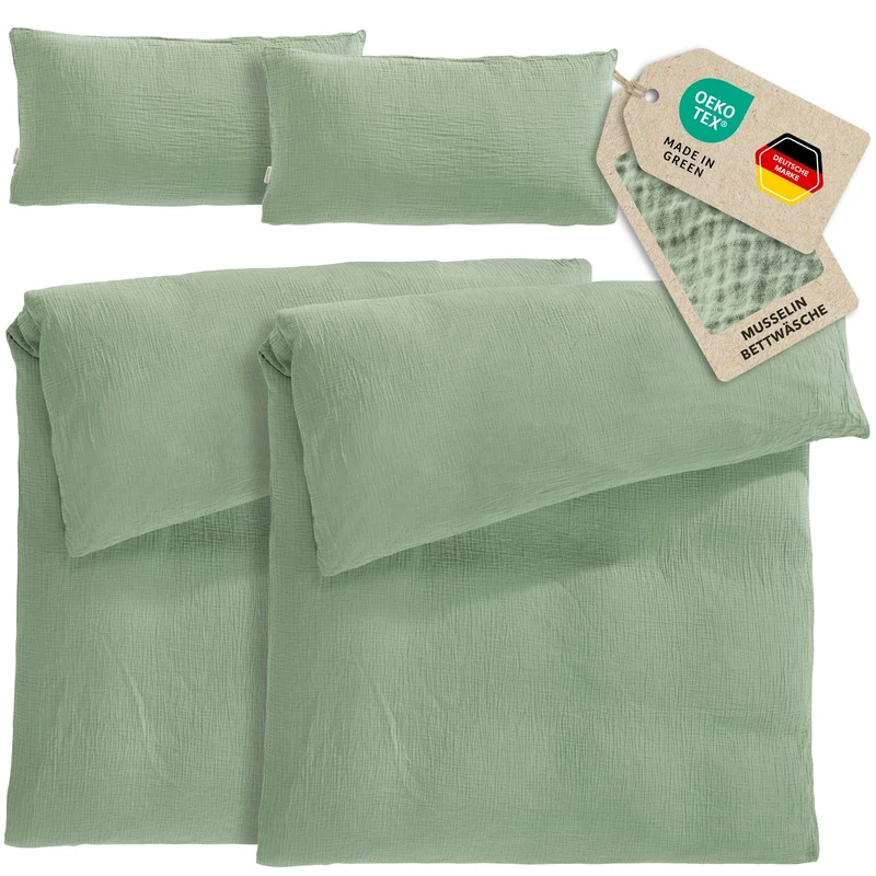 Musselin Bettwäsche Sets - Salbeigrün - 2x155x220 + 2x40x80 cm