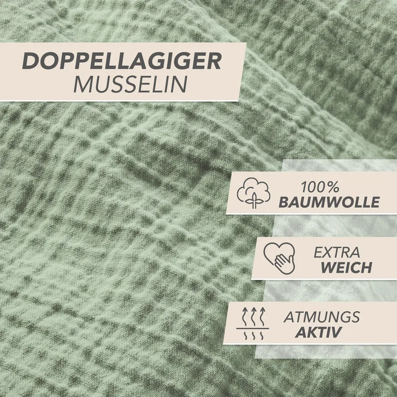 Musselin Bettwäsche Sets - Salbeigrün - 2x155x220 + 2x80x80 cm