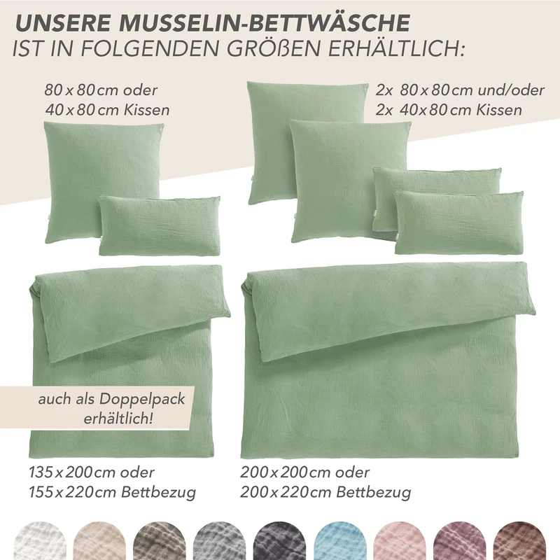Musselin Bettwäsche Sets - Salbeigrün - 2x155x220 + 2x80x80 cm