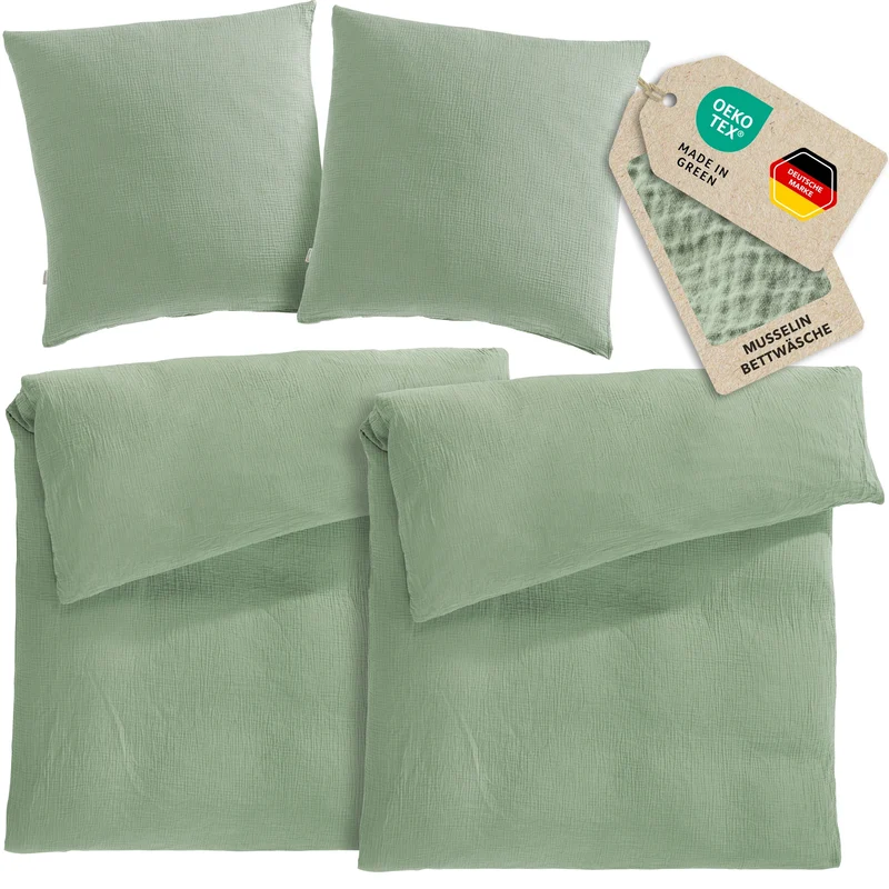 Musselin Bettwäsche Sets - Salbeigrün - 2x155x220 + 2x80x80 cm