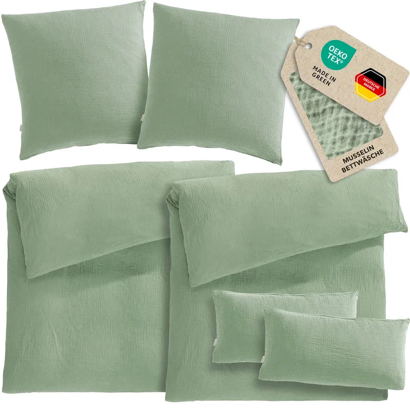 Musselin Bettwäsche Sets - Salbeigrün - 2x155x220 + 2x80x80 + 2x40x80 cm