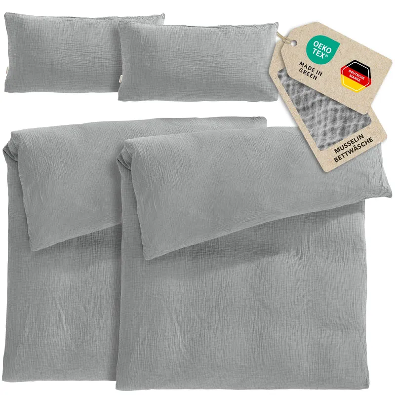 Musselin Bettwäsche Sets - Grau - 2x155x220 + 2x40x80 cm